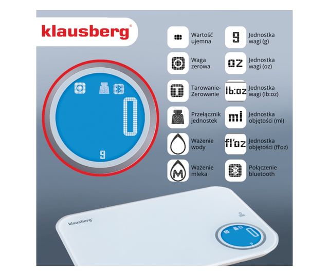 Klausberg KB 7938 konyhai mérleg, 5 kg, Bluetooth, mobilalkalmazás, LCD, tára, 4 jelző, folyadékok, jelzők, fehér/kék