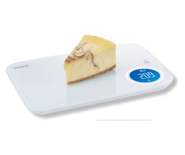 Klausberg KB 7938 konyhai mérleg, 5 kg, Bluetooth, mobilalkalmazás, LCD, tára, 4 jelző, folyadékok, jelzők, fehér/kék
