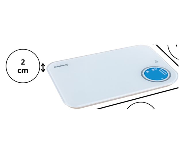 Klausberg KB 7938 konyhai mérleg, 5 kg, Bluetooth, mobilalkalmazás, LCD, tára, 4 jelző, folyadékok, jelzők, fehér/kék