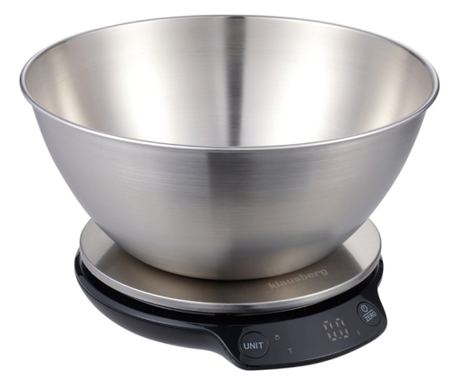 Кухненска везна с купа Klausberg KB 7939, 5 Kg, Bluetooth, Мобилно приложение, LED, ТАРА, Течности, 4 хранителни стойности, Инок