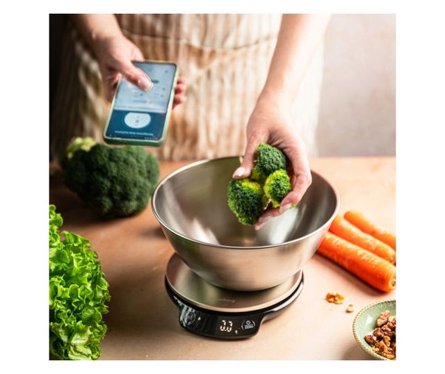 Klausberg KB 7939 Konyhai Mérleg Tállal, 5 Kg, Bluetooth, Mobilalkalmazás, LED, Tára, Folyadékok, 4 Tápérték, Rozsdamentes Acél