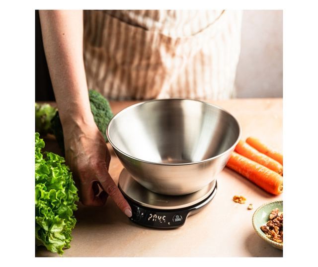 Klausberg KB 7939 Konyhai Mérleg Tállal, 5 Kg, Bluetooth, Mobilalkalmazás, LED, Tára, Folyadékok, 4 Tápérték, Rozsdamentes Acél