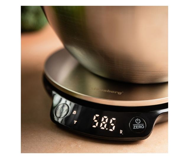 Klausberg KB 7939 Konyhai Mérleg Tállal, 5 Kg, Bluetooth, Mobilalkalmazás, LED, Tára, Folyadékok, 4 Tápérték, Rozsdamentes Acél