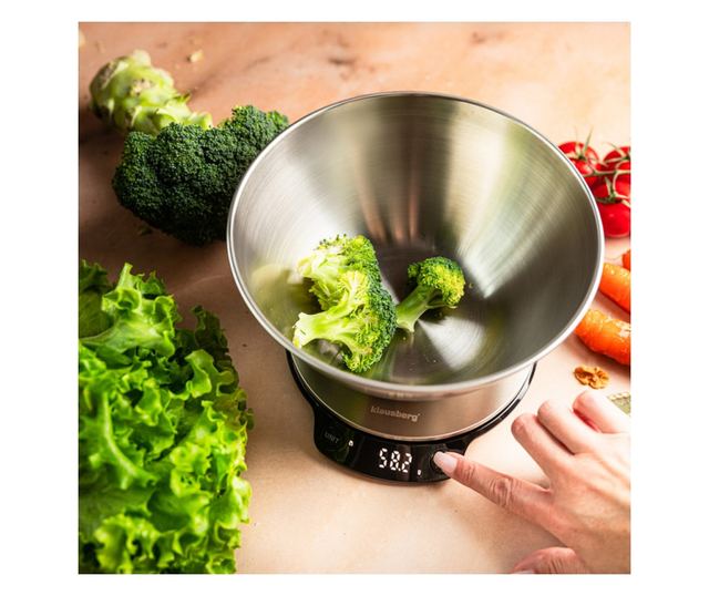 Klausberg KB 7939 Konyhai Mérleg Tállal, 5 Kg, Bluetooth, Mobilalkalmazás, LED, Tára, Folyadékok, 4 Tápérték, Rozsdamentes Acél