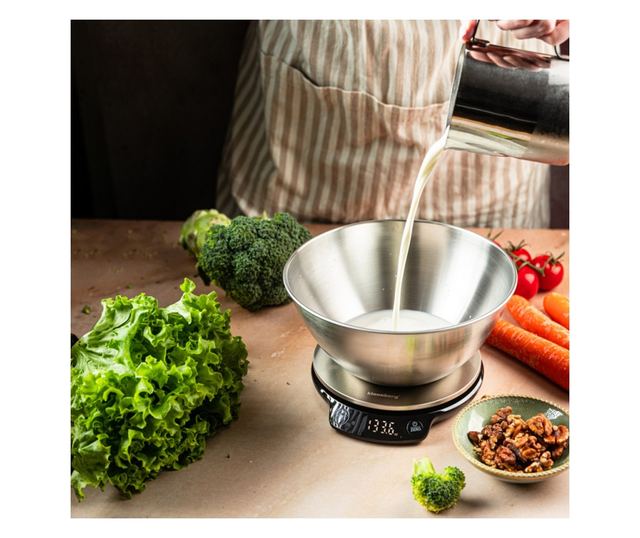 Klausberg KB 7939 Konyhai Mérleg Tállal, 5 Kg, Bluetooth, Mobilalkalmazás, LED, Tára, Folyadékok, 4 Tápérték, Rozsdamentes Acél