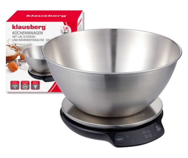 Klausberg KB 7939 Konyhai Mérleg Tállal, 5 Kg, Bluetooth, Mobilalkalmazás, LED, Tára, Folyadékok, 4 Tápérték, Rozsdamentes Acél