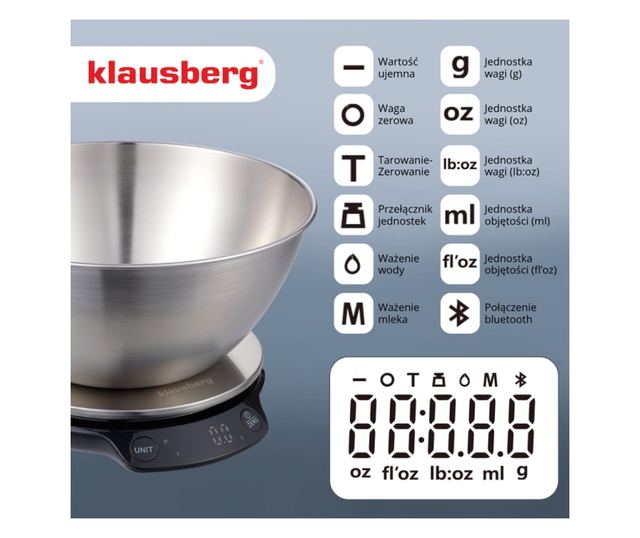 Klausberg KB 7939 Konyhai Mérleg Tállal, 5 Kg, Bluetooth, Mobilalkalmazás, LED, Tára, Folyadékok, 4 Tápérték, Rozsdamentes Acél
