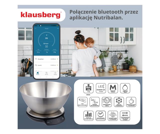 Klausberg KB 7939 Konyhai Mérleg Tállal, 5 Kg, Bluetooth, Mobilalkalmazás, LED, Tára, Folyadékok, 4 Tápérték, Rozsdamentes Acél