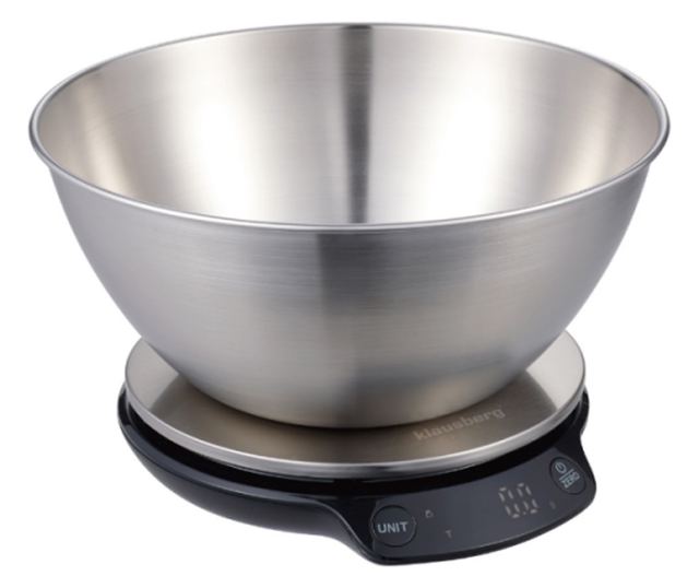 Klausberg KB 7939 Konyhai Mérleg Tállal, 5 Kg, Bluetooth, Mobilalkalmazás, LED, Tára, Folyadékok, 4 Tápérték, Rozsdamentes Acél