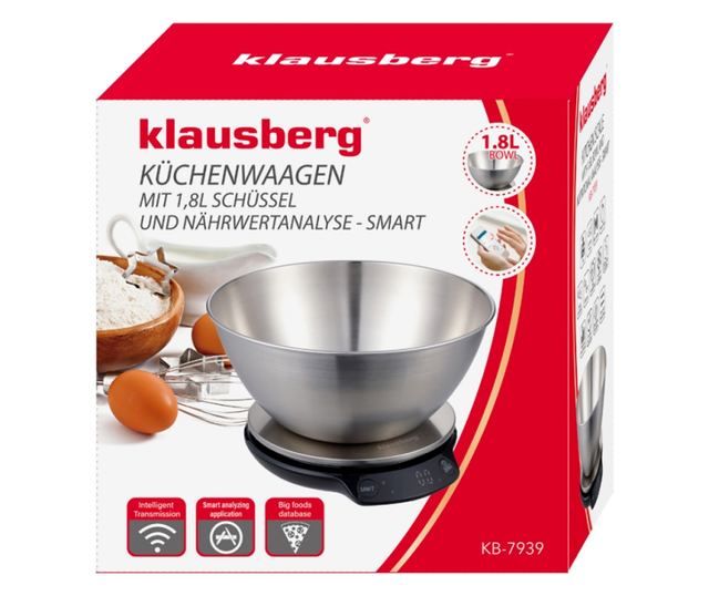 Klausberg KB 7939 Konyhai Mérleg Tállal, 5 Kg, Bluetooth, Mobilalkalmazás, LED, Tára, Folyadékok, 4 Tápérték, Rozsdamentes Acél