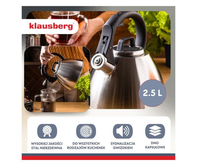 Klausberg KB 7951 fütyülős vízforraló, 2,5 l, rozsdamentes acél, hőszigetelt fogantyú, indukciós, matt rozsdamentes acél