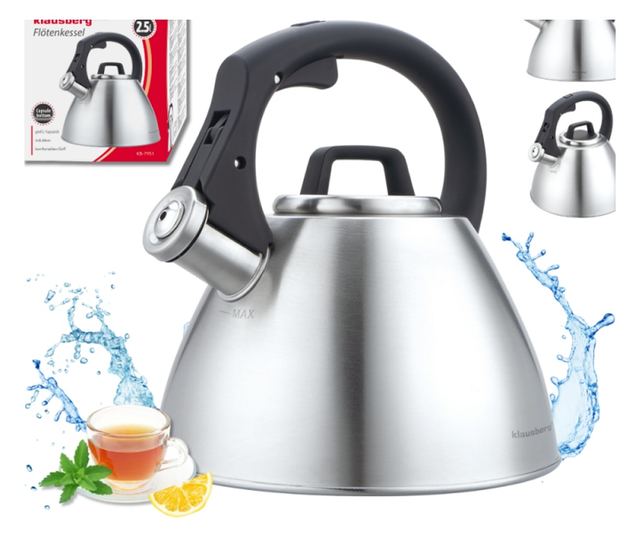 Klausberg KB 7951 fütyülős vízforraló, 2,5 l, rozsdamentes acél, hőszigetelt fogantyú, indukciós, matt rozsdamentes acél