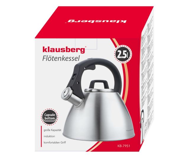 Klausberg KB 7951 fütyülős vízforraló, 2,5 l, rozsdamentes acél, hőszigetelt fogantyú, indukciós, matt rozsdamentes acél