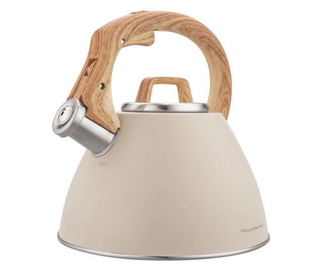 Klausberg KB 7954 fütyülős vízforraló, 2,5 l, rozsdamentes acél, hőszigetelt fahatású fogantyú, indukciós, bézs/barna