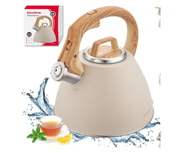 Klausberg KB 7954 fütyülős vízforraló, 2,5 l, rozsdamentes acél, hőszigetelt fahatású fogantyú, indukciós, bézs/barna