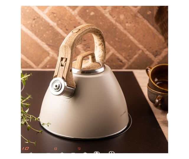 Klausberg KB 7954 fütyülős vízforraló, 2,5 l, rozsdamentes acél, hőszigetelt fahatású fogantyú, indukciós, bézs/barna