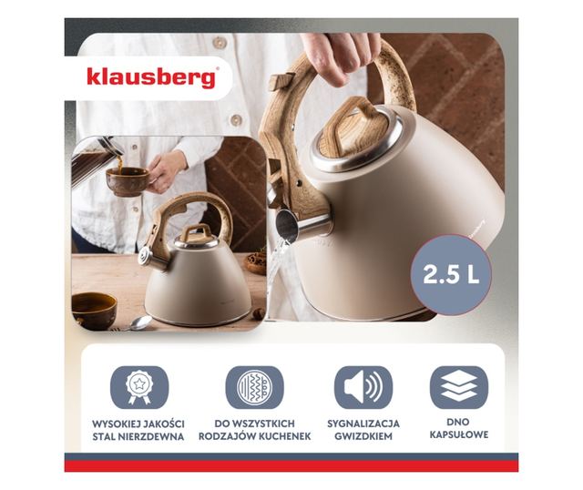 Klausberg KB 7954 fütyülős vízforraló, 2,5 l, rozsdamentes acél, hőszigetelt fahatású fogantyú, indukciós, bézs/barna