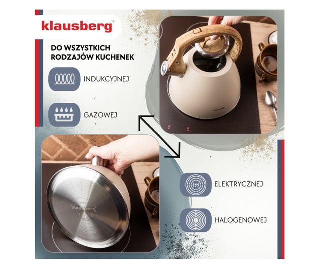 Klausberg KB 7954 fütyülős vízforraló, 2,5 l, rozsdamentes acél, hőszigetelt fahatású fogantyú, indukciós, bézs/barna