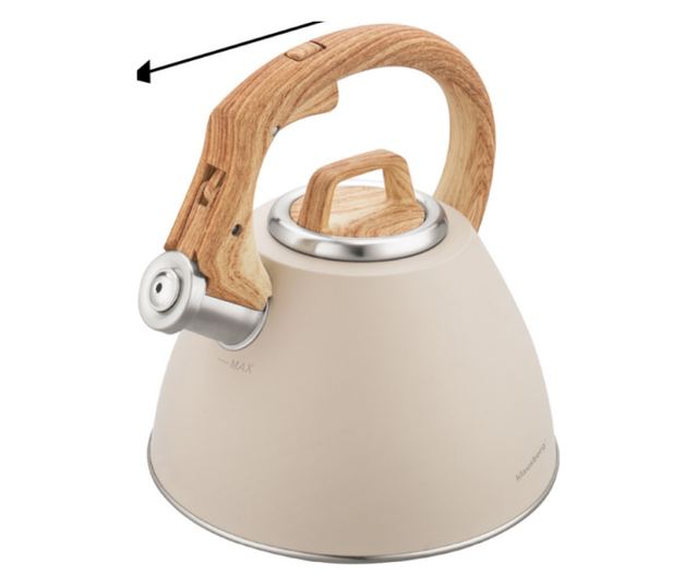Klausberg KB 7954 fütyülős vízforraló, 2,5 l, rozsdamentes acél, hőszigetelt fahatású fogantyú, indukciós, bézs/barna
