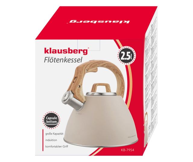 Klausberg KB 7954 fütyülős vízforraló, 2,5 l, rozsdamentes acél, hőszigetelt fahatású fogantyú, indukciós, bézs/barna