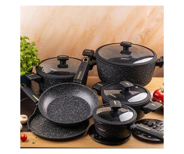 Klausberg KB 7966 Edény- és Serpenyőkészlet, 12 Részes, Öntöttvas, Tapadásmentes Márvány Bevonat, Indukciós, Fekete