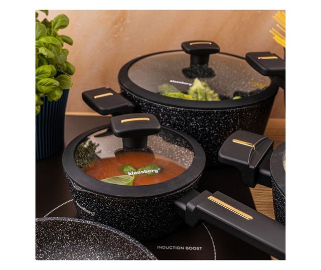 Klausberg KB 7966 Edény- és Serpenyőkészlet, 12 Részes, Öntöttvas, Tapadásmentes Márvány Bevonat, Indukciós, Fekete