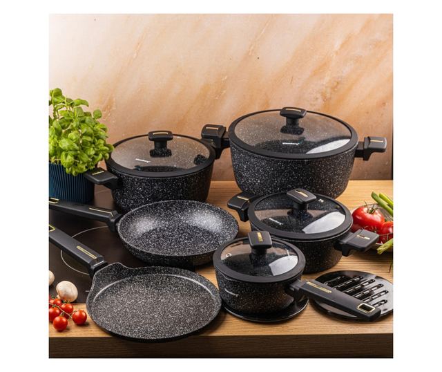 Klausberg KB 7966 Edény- és Serpenyőkészlet, 12 Részes, Öntöttvas, Tapadásmentes Márvány Bevonat, Indukciós, Fekete
