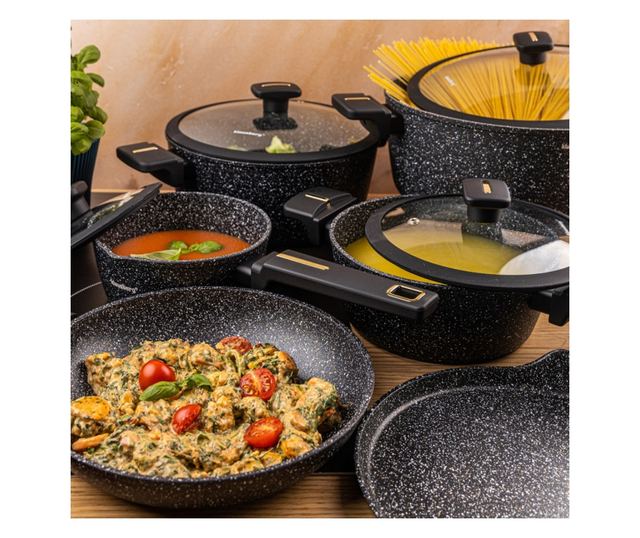 Klausberg KB 7966 Edény- és Serpenyőkészlet, 12 Részes, Öntöttvas, Tapadásmentes Márvány Bevonat, Indukciós, Fekete
