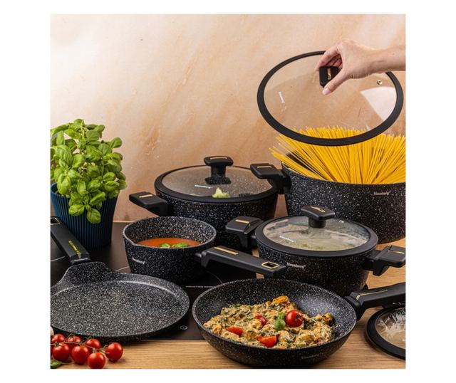 Klausberg KB 7966 Edény- és Serpenyőkészlet, 12 Részes, Öntöttvas, Tapadásmentes Márvány Bevonat, Indukciós, Fekete