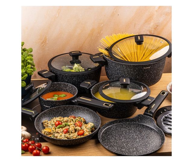 Klausberg KB 7966 Edény- és Serpenyőkészlet, 12 Részes, Öntöttvas, Tapadásmentes Márvány Bevonat, Indukciós, Fekete