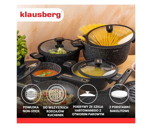 Klausberg KB 7966 Edény- és Serpenyőkészlet, 12 Részes, Öntöttvas, Tapadásmentes Márvány Bevonat, Indukciós, Fekete