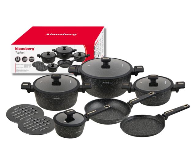 Klausberg KB 7966 Edény- és Serpenyőkészlet, 12 Részes, Öntöttvas, Tapadásmentes Márvány Bevonat, Indukciós, Fekete