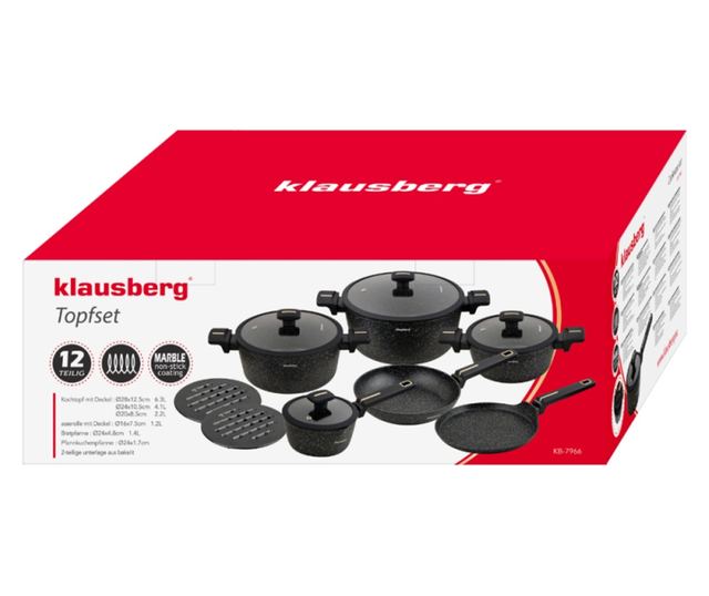 Klausberg KB 7966 Edény- és Serpenyőkészlet, 12 Részes, Öntöttvas, Tapadásmentes Márvány Bevonat, Indukciós, Fekete