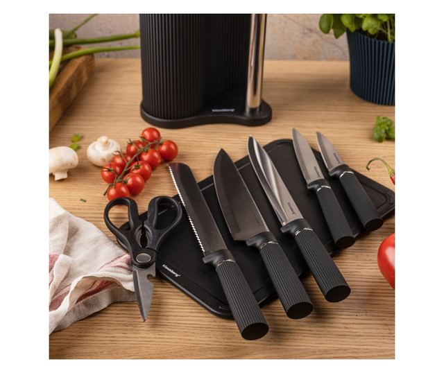 Klausberg KB 7977 késkészlet, 8 darabos, rozsdamentes acél, állvány, papírtörlő tartó, fekete