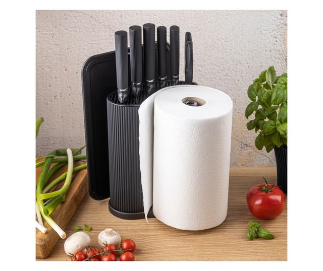 Klausberg KB 7977 késkészlet, 8 darabos, rozsdamentes acél, állvány, papírtörlő tartó, fekete