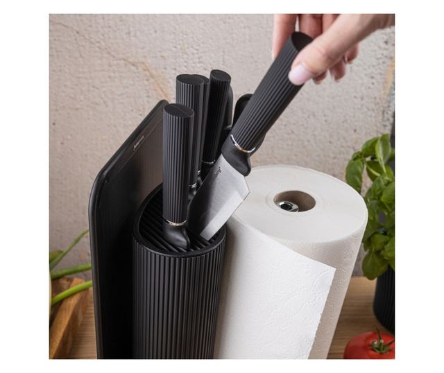 Klausberg KB 7977 késkészlet, 8 darabos, rozsdamentes acél, állvány, papírtörlő tartó, fekete