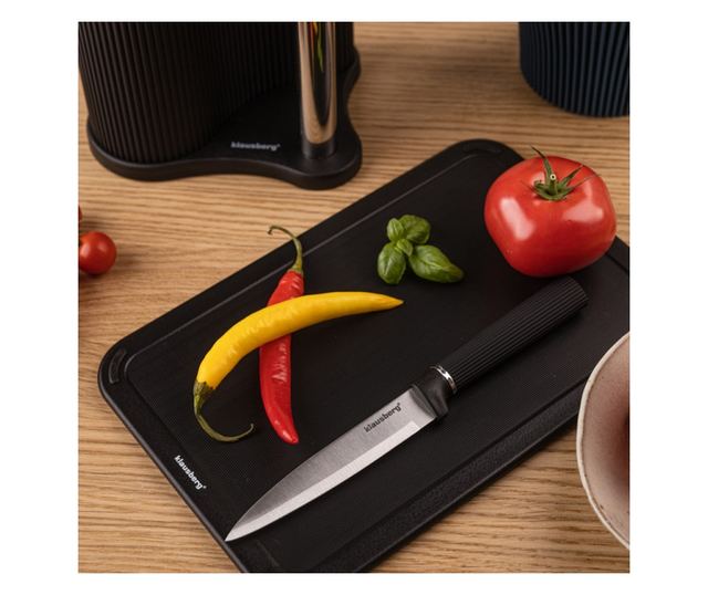 Klausberg KB 7977 késkészlet, 8 darabos, rozsdamentes acél, állvány, papírtörlő tartó, fekete