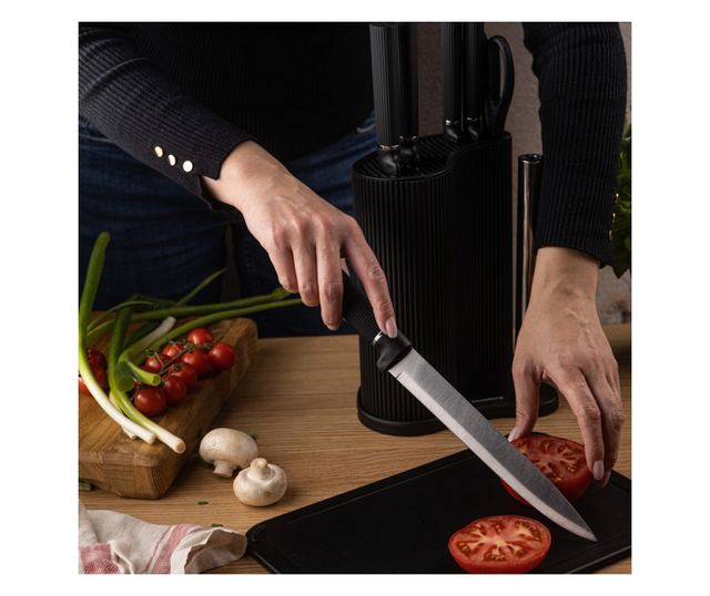 Klausberg KB 7977 késkészlet, 8 darabos, rozsdamentes acél, állvány, papírtörlő tartó, fekete