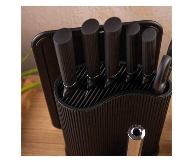 Klausberg KB 7977 késkészlet, 8 darabos, rozsdamentes acél, állvány, papírtörlő tartó, fekete