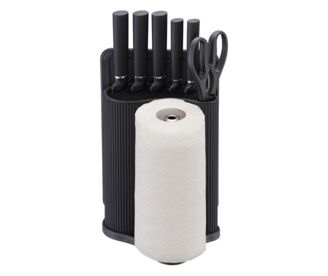 Klausberg KB 7977 késkészlet, 8 darabos, rozsdamentes acél, állvány, papírtörlő tartó, fekete