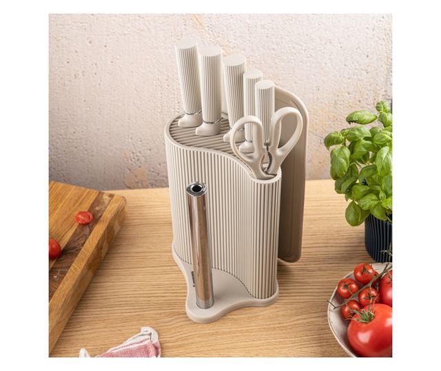 Klausberg KB 7978 késkészlet, 8 darabos, rozsdamentes acél, állvány, papírtörlő tartó, bézs