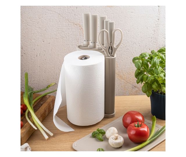 Klausberg KB 7978 késkészlet, 8 darabos, rozsdamentes acél, állvány, papírtörlő tartó, bézs