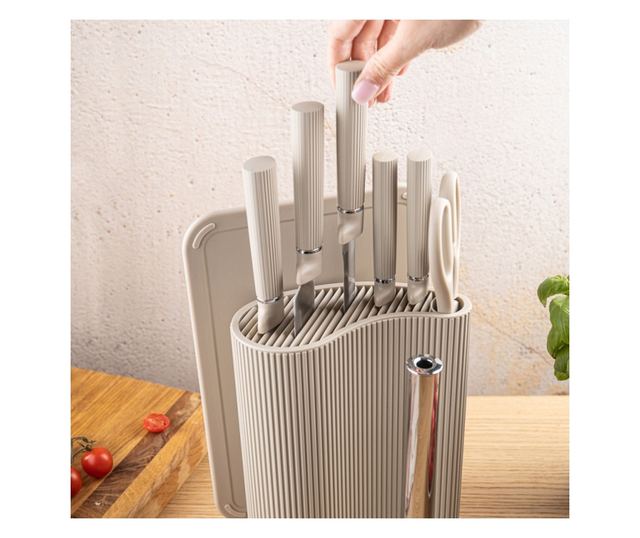 Klausberg KB 7978 késkészlet, 8 darabos, rozsdamentes acél, állvány, papírtörlő tartó, bézs