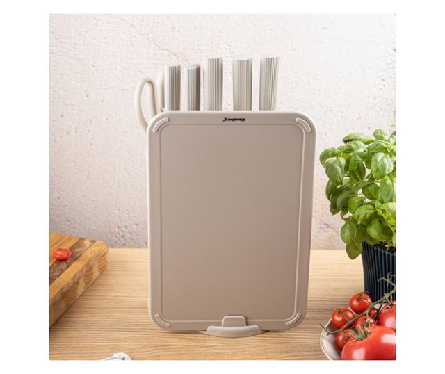 Klausberg KB 7978 késkészlet, 8 darabos, rozsdamentes acél, állvány, papírtörlő tartó, bézs