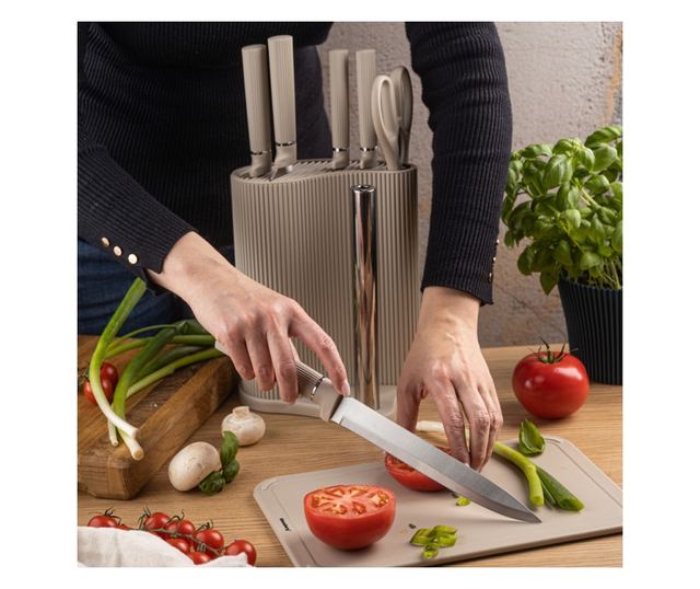 Klausberg KB 7978 késkészlet, 8 darabos, rozsdamentes acél, állvány, papírtörlő tartó, bézs