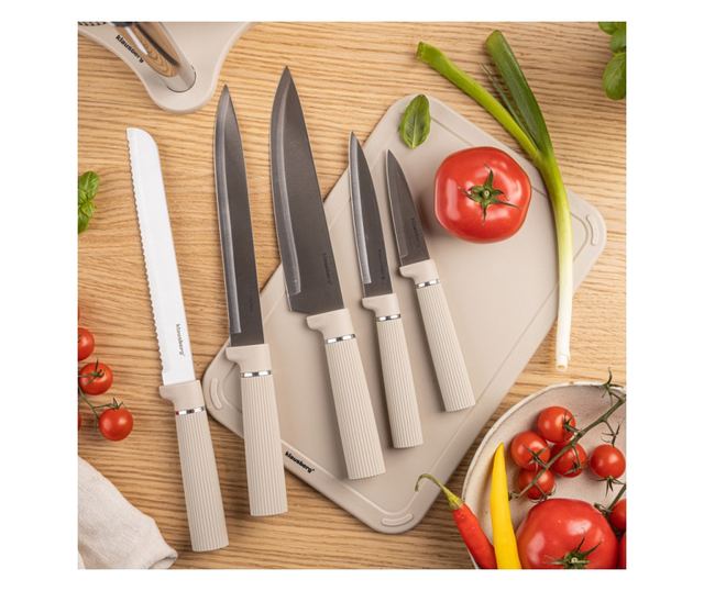 Klausberg KB 7978 késkészlet, 8 darabos, rozsdamentes acél, állvány, papírtörlő tartó, bézs