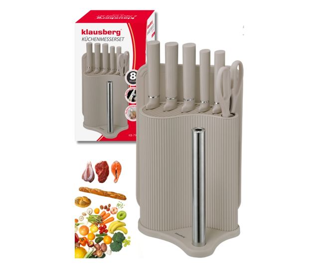 Klausberg KB 7978 késkészlet, 8 darabos, rozsdamentes acél, állvány, papírtörlő tartó, bézs