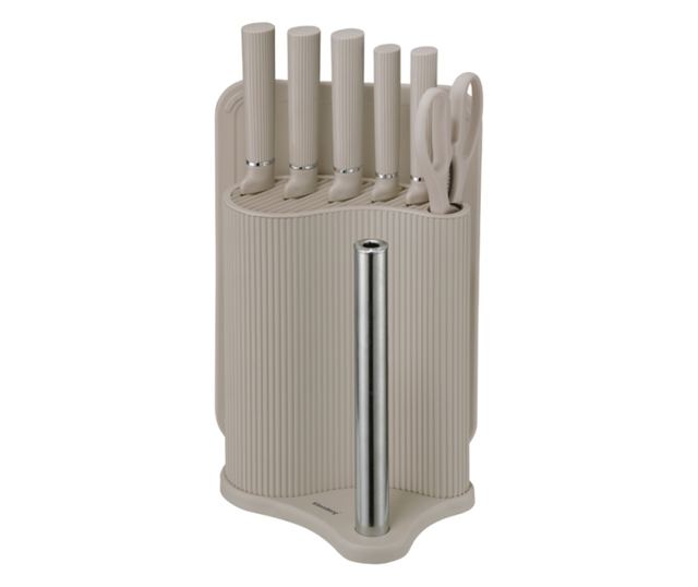 Klausberg KB 7978 késkészlet, 8 darabos, rozsdamentes acél, állvány, papírtörlő tartó, bézs
