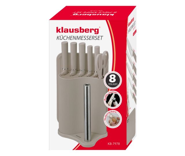 Klausberg KB 7978 késkészlet, 8 darabos, rozsdamentes acél, állvány, papírtörlő tartó, bézs