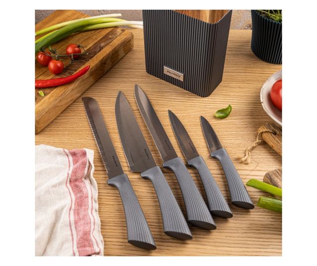 Klausberg KB 7979 késkészlet, 6 darabos, rozsdamentes acél, állvány, grafit/barna
